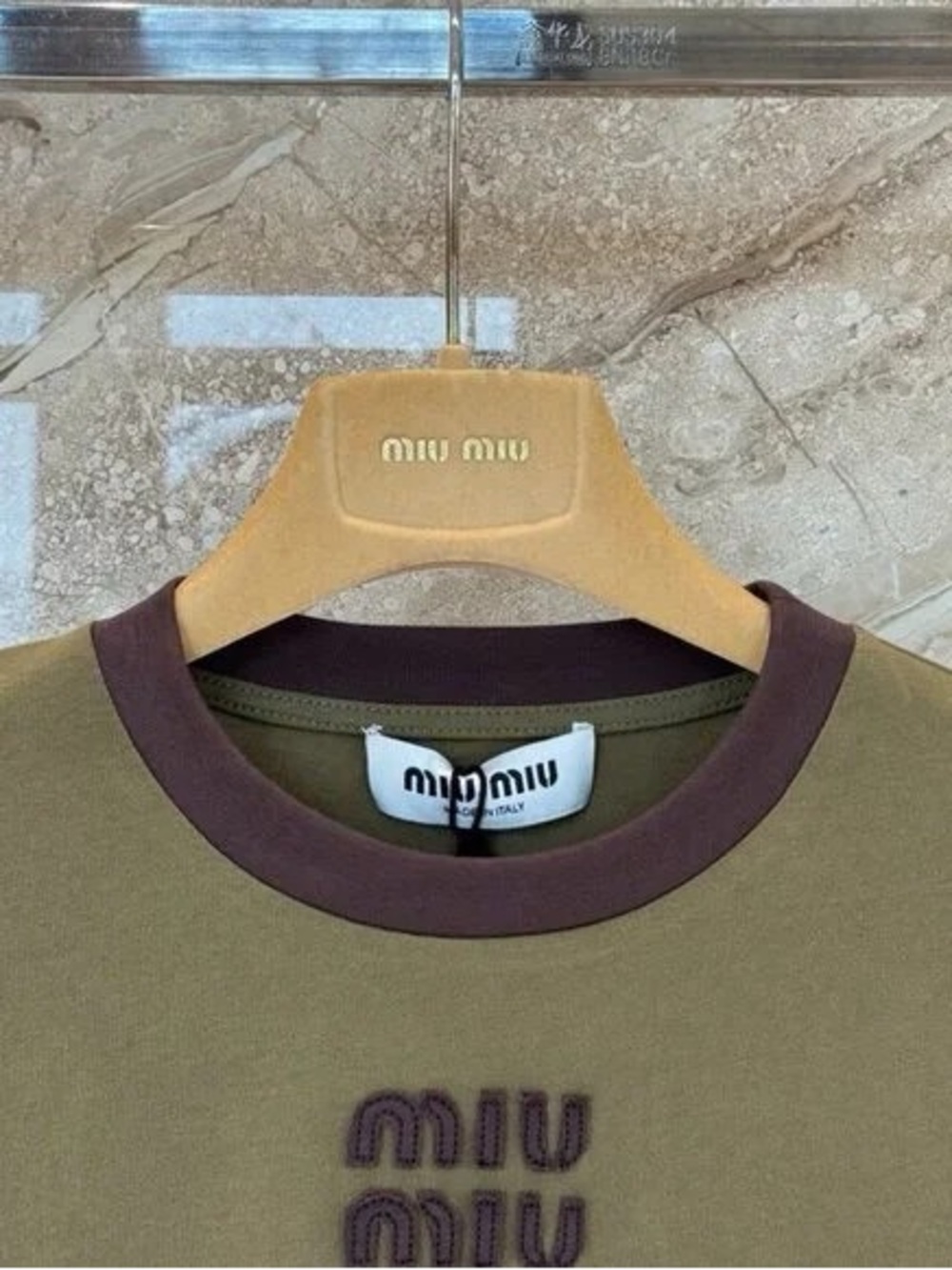 Miu Miu Olive Green Short Sleeve Logo Ringer Tee with Brown Trim - Picture 3 of 5